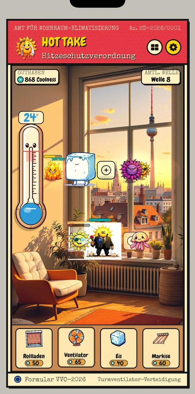 Scène de jeu de HOT TAKE : vague 8, des soleils ennemis à la fenêtre berlinoise, une tour de glace et un ventilateur défendent l'appartement
