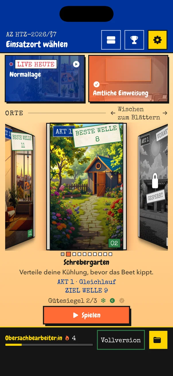 Levelauswahl in HOT TAKE: Die Ortsakte Schrebergarten steht im Coverflow zwischen Wohnung und einem noch gesperrten Einsatz.