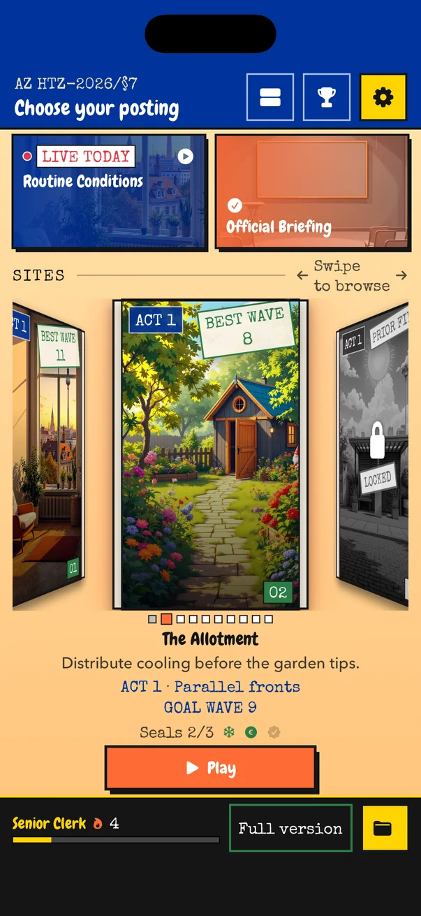 HOT TAKE level selection: The Allotment site file sits in a coverflow between the flat and a posting that is still locked.