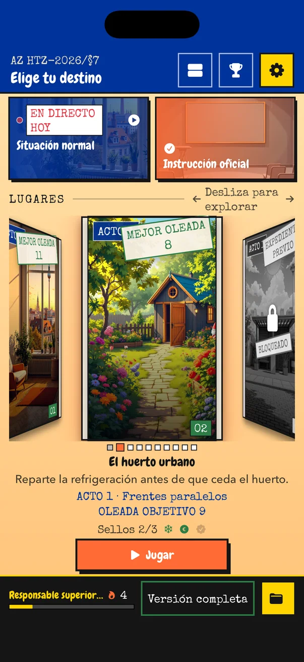 Selección de niveles de HOT TAKE: el expediente El huerto urbano aparece en un carrusel entre el piso y un destino aún bloqueado.