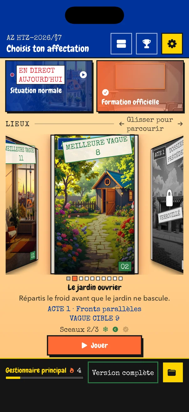 Sélection des niveaux de HOT TAKE : le dossier Le jardin ouvrier apparaît dans un carrousel entre l’appartement et une affectation encore verrouillée.