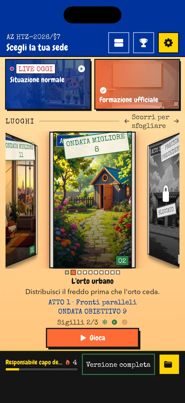 Selezione dei livelli di HOT TAKE: il fascicolo L’orto urbano appare in un carosello tra l’appartamento e una sede ancora bloccata.