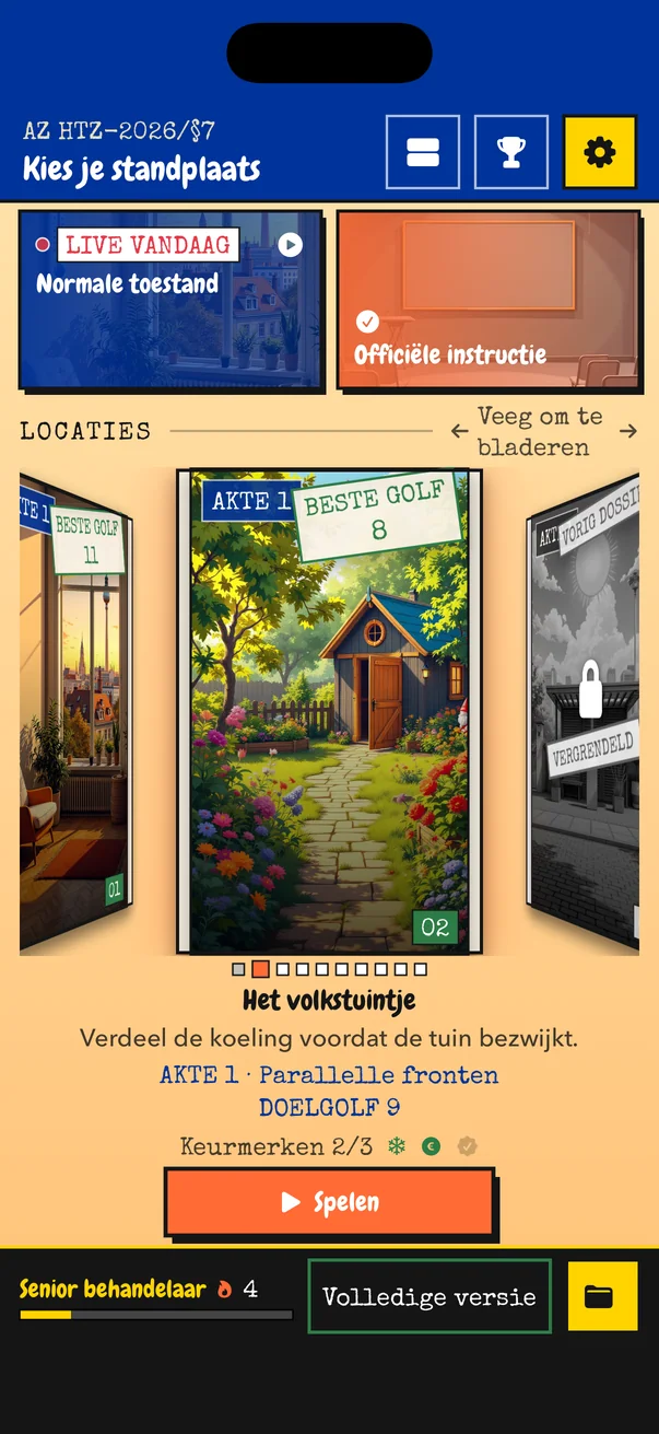 Levelkeuze in HOT TAKE: het dossier De volkstuin staat in een coverflow tussen de flat en een nog vergrendelde locatie.